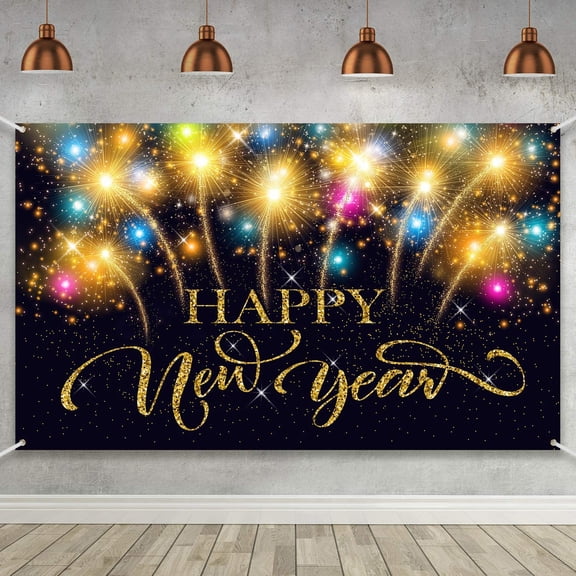 Blulu Happy New Year Party Decoration Supplies, Extra Large Fabric Happy New Year Banner for 2026 Party Decoration 2026 Fireworks Photo Booth Backdrop Background Banner, 72.8 x 43.3 Inch
