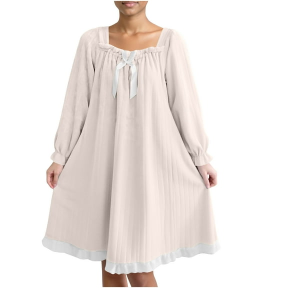 Lorytime Long Sleeve Nightgowns for Women Ankle Length Bow Flannel Bathrobes V Neck Sleepwear Loose Loungewear White L