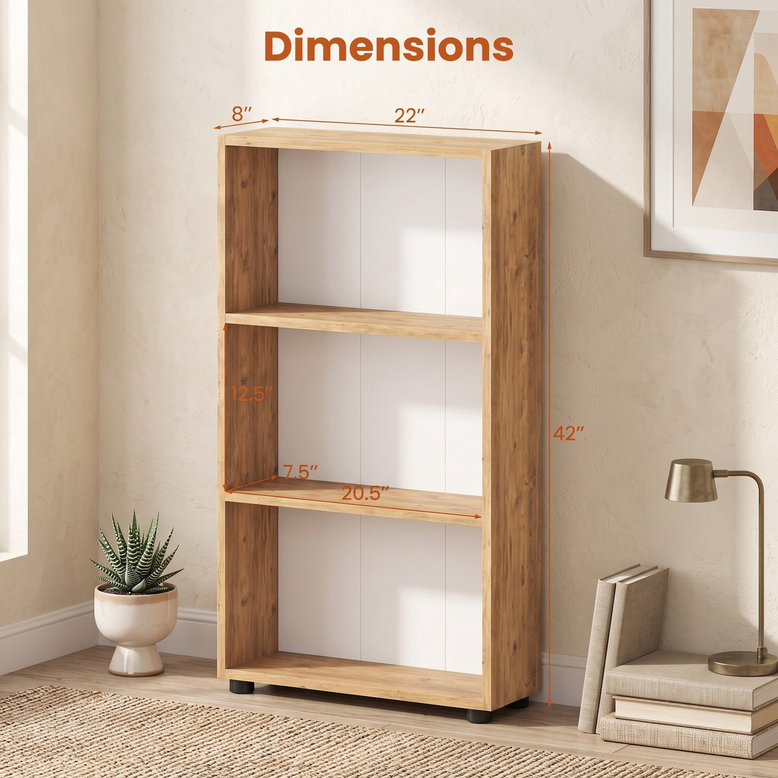 Furnibear 3-Tier Bookcase 42 Inch Tall Bookshelf with Anti-Tipping Kit, Freestanding Open Wood Storage Shelf Organizer for Living Room Bedroom Home Office, Oak Brown