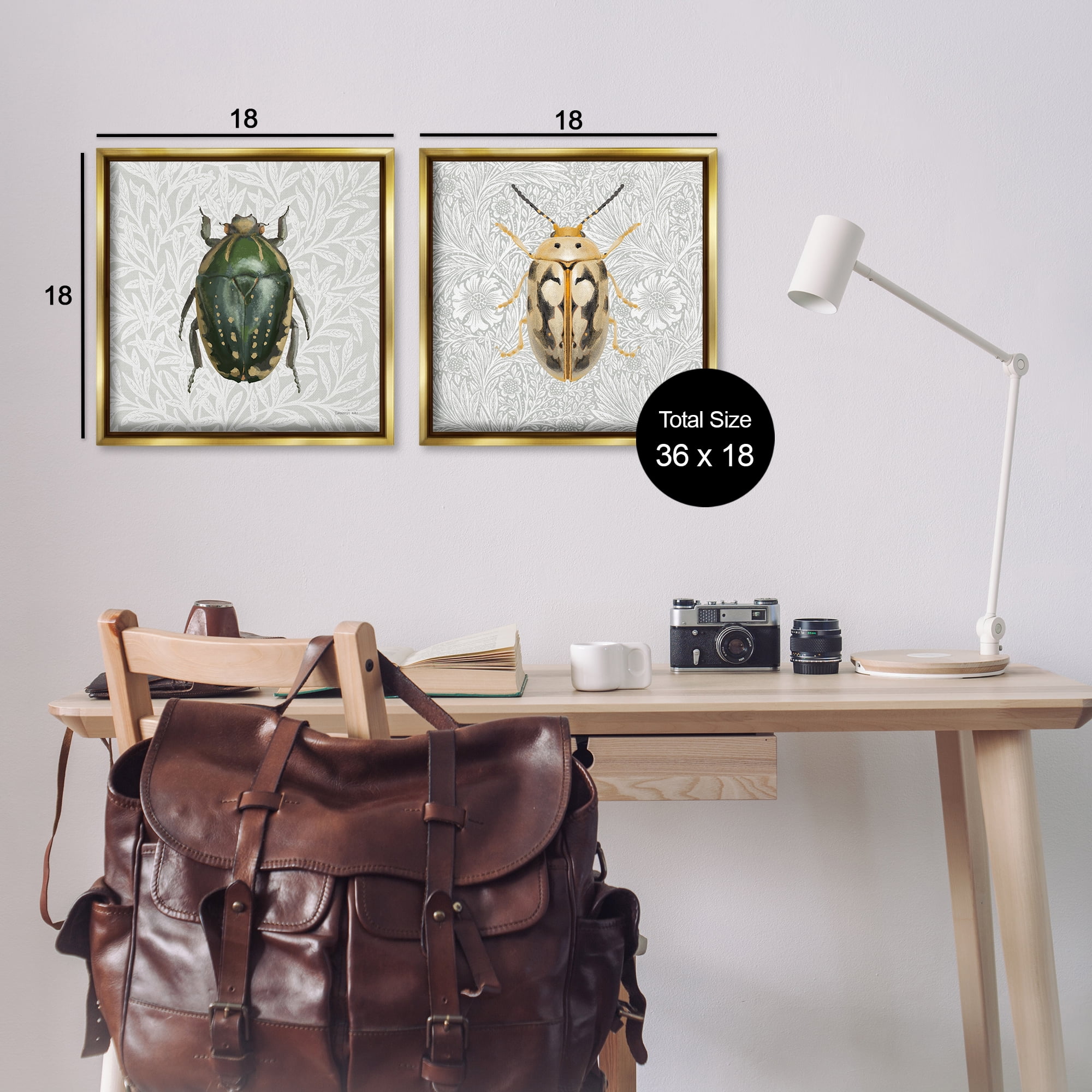 Stupell Industries Beetle Insect Portrait Animals Painting Gold Floater Framed Canvas Art Print Wall Art, 18 x 18, Set of 2
