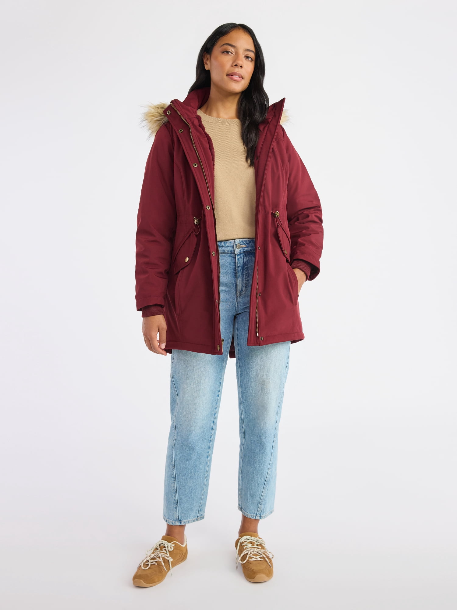 Time and Tru Women's and Women's Plus Hooded Anorak Jacket with Faux Fur Trim, Heavyweight, Sizes XS-2X