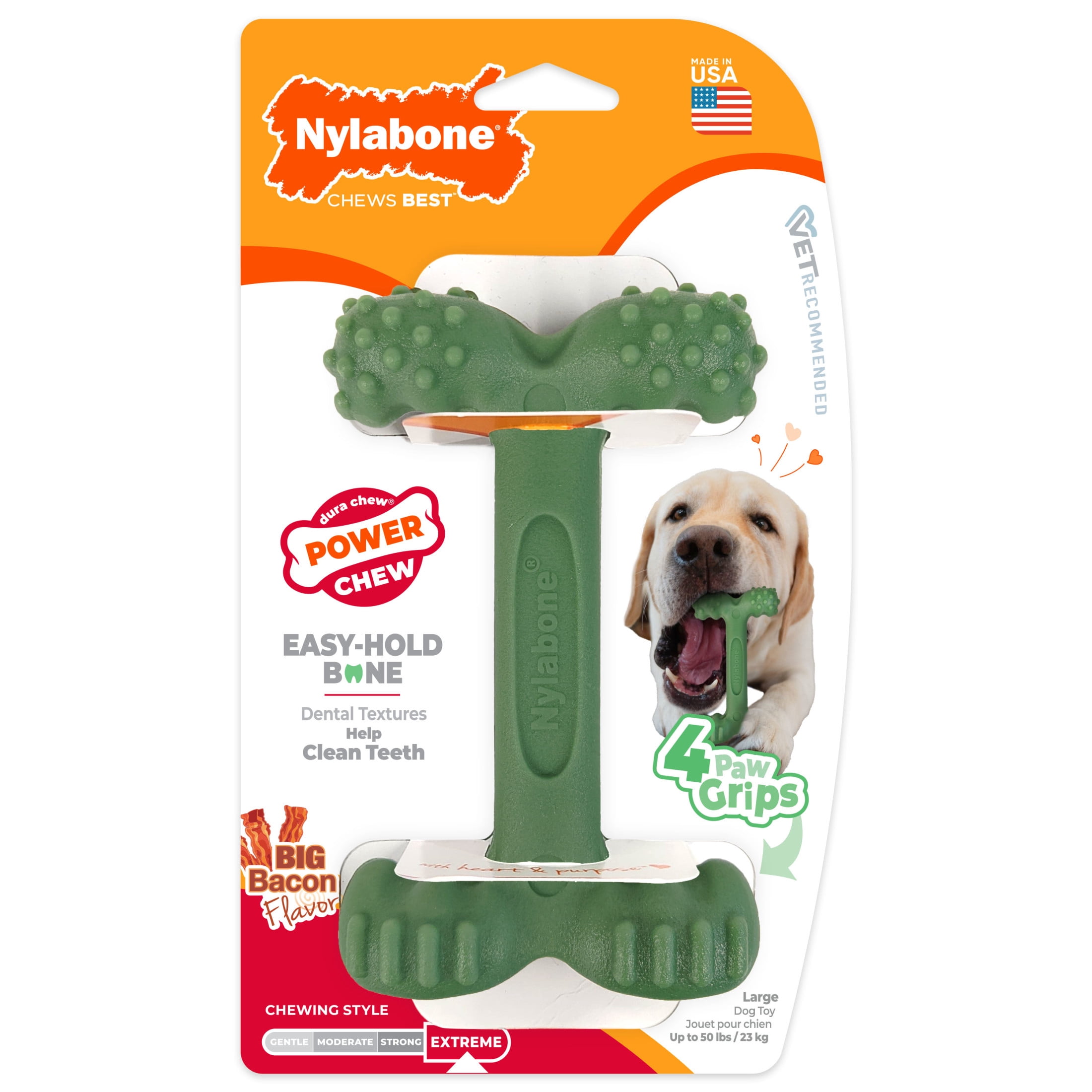 (2 pack) Nylabone Power Chew Easy Hold Bone Dog Toy, Dog Chew Toy, Bacon Flavor, Large, 1 Count