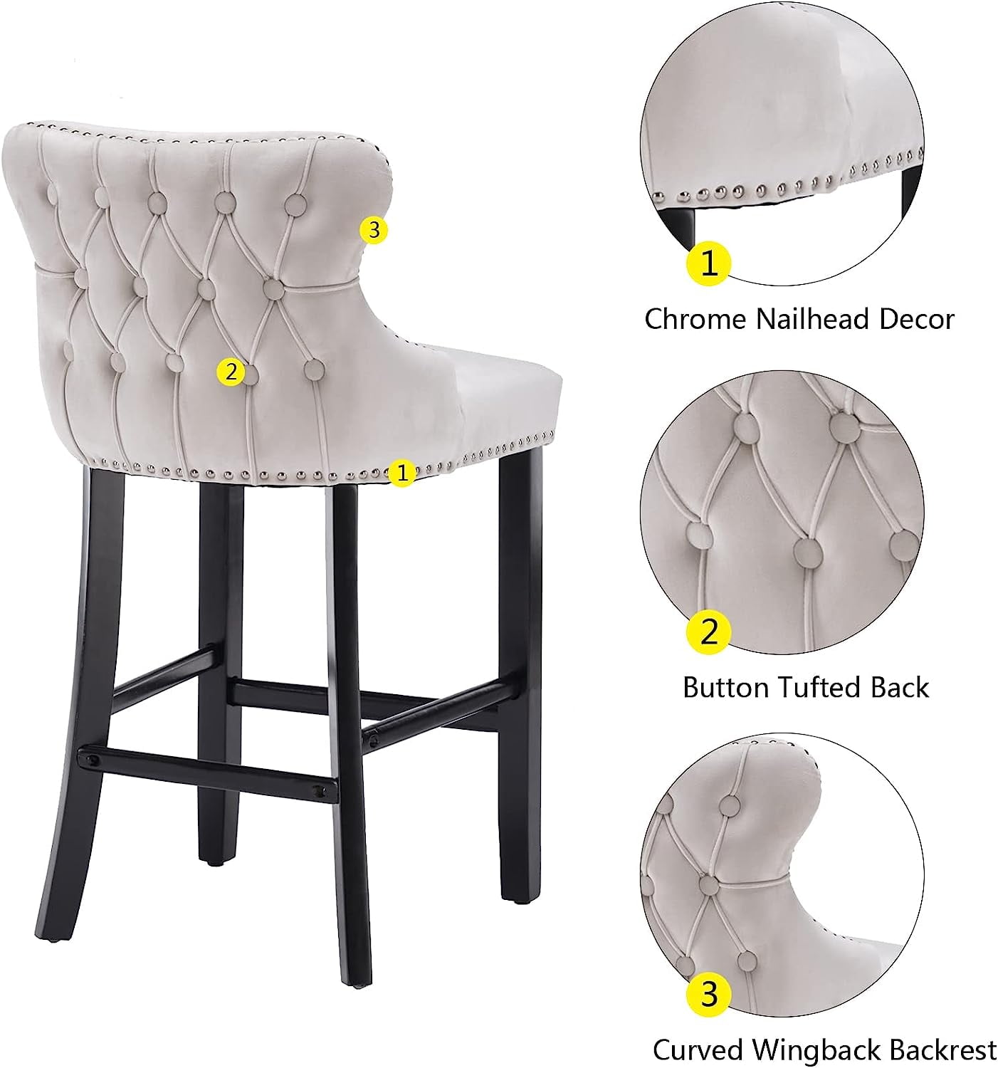 Seizeen Counter Height Bar Stools, Set of 2, Wing-back Velvet Dining Chairs with Soft Cushion, Solid Wood Legs, Button Tufted Decoration and Chrome Nailhead Trim, Beige