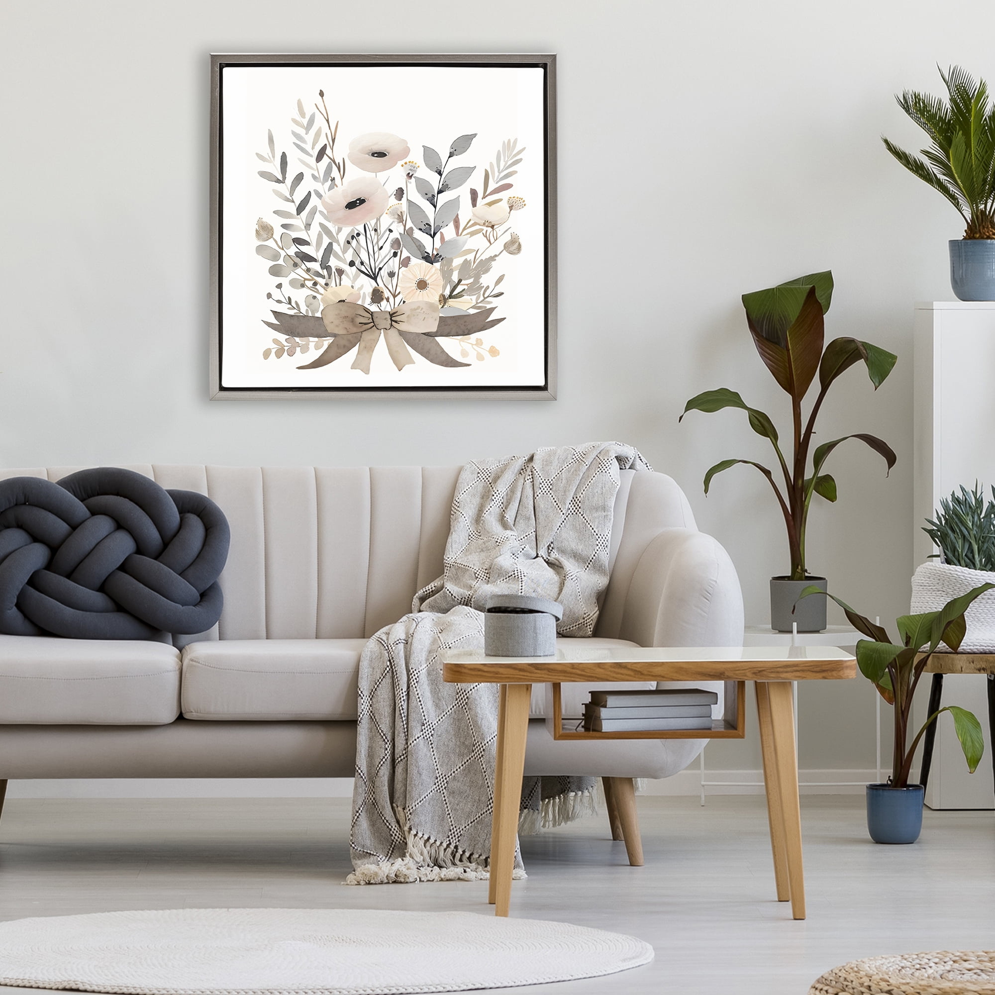 Stupell Industries Neutral Floral Bouquet Beige Gray Framed Floater Canvas Wall Art, design by Creative Studio