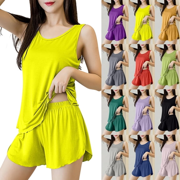 Smsaxvxz 2 Pack Womens Tank Pajamas Set Summer Casual Solid Crew Neck Sleeveless Tank Top and Shorts Sleepwear Nightwear Yellow XL
