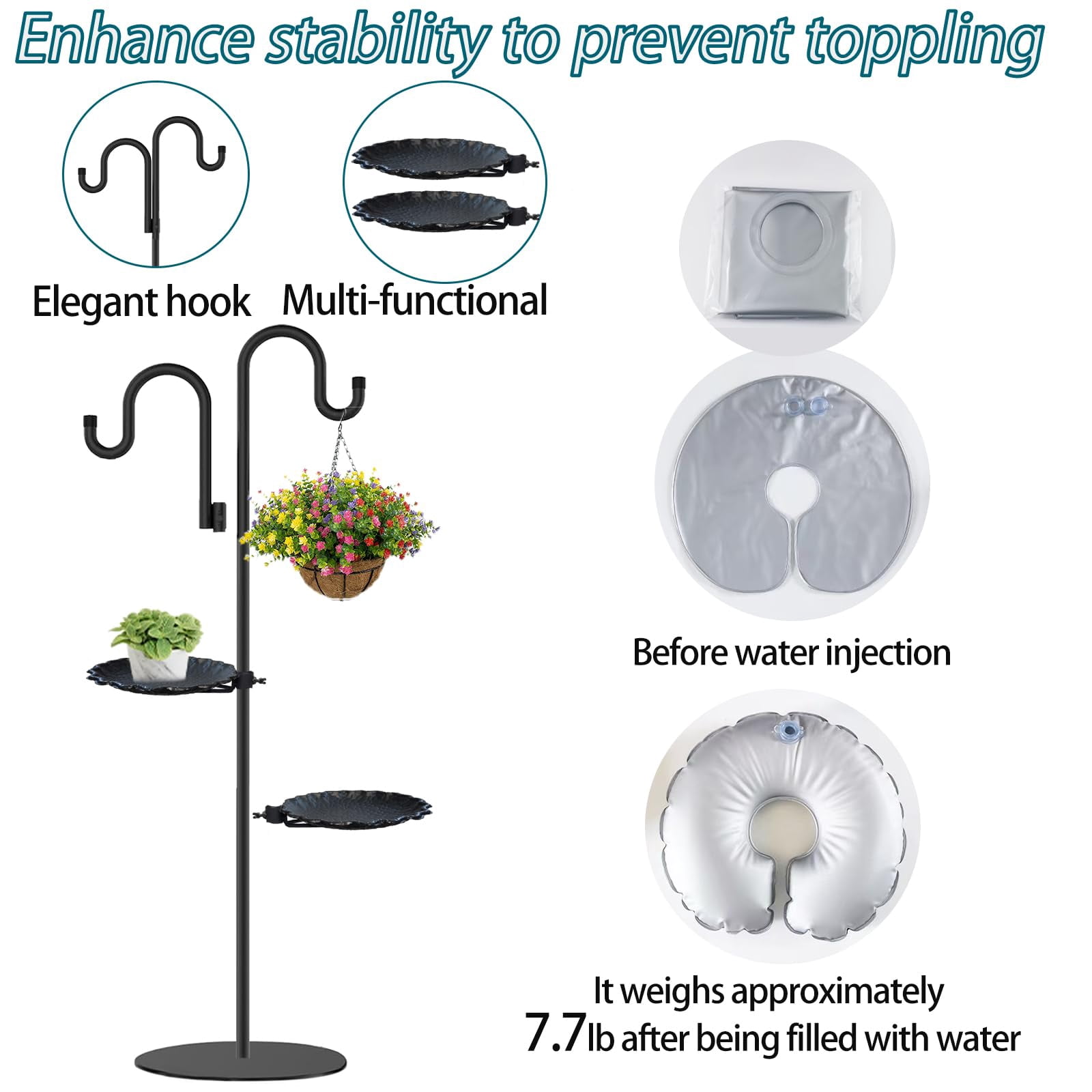 Upgraded 74" Shepherd's Hook Stand plant，Bird Feeder，Wind Chime Hanger Stand, Waterproof Metal & Adjustable-Height Standing Pole Holder for Lantern and Wreath, Indoor & Outdoor（2 Placement Racks)