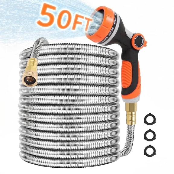 KOYMISKU Garden Hose 50FT, Stainless Steel Water Hoses with 10-Mode Nozzle Sprayer, Tangle Free Water Pipe for Yard Outdoor