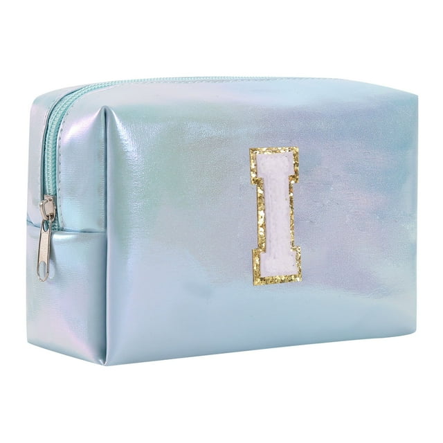 Bolsa de maquillaje con letras bordadas de gran capacidad, neceser, bolsa de viaje, bolso de mano, bolso de cosméticos, azul