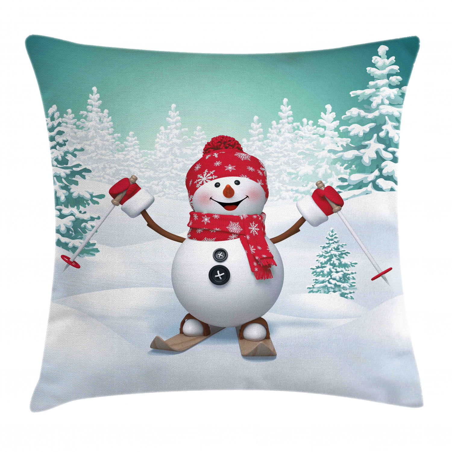 Christmas Throw Pillow Cushion Cover, Snow Covered Mountain with Fir Trees and Skiing Snowman