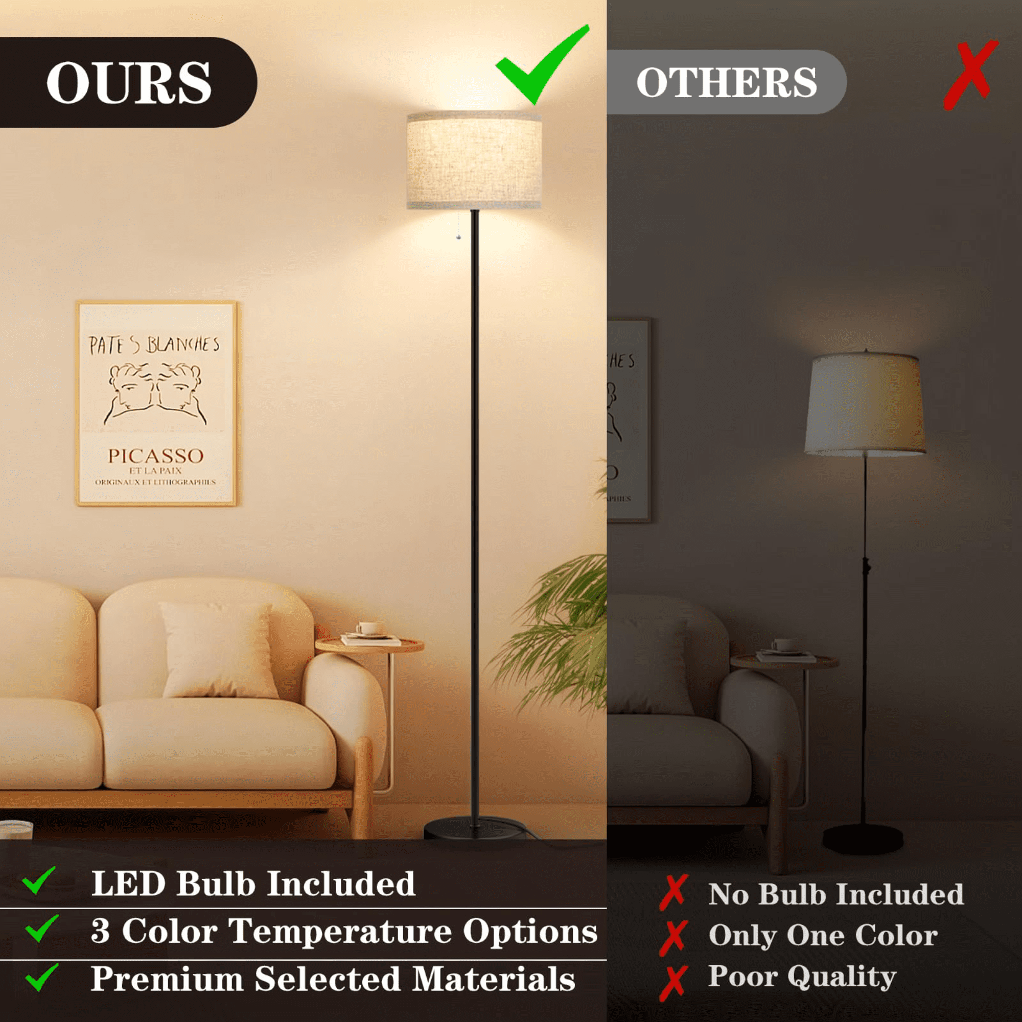 HadinEEon Floor Lamp for Living Room, Modern Standing Lamp Tall with Pull Chain Switch