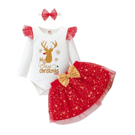 

Gureui Infant Toddler Baby Girl 3Pcs Christmas Outfits Casual Long Sleeve Romper + Sequin Bow Tutu Skirt + Headband Set for Spring/Fall/Summer