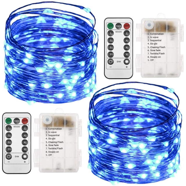 Juego de 2 guirnaldas de luces navideñas a pilas de 10 metros y 100 LED con control remoto y temporizador. Luces de luciérnaga con 8 modos de brillo para decoración de jardín, fiestas e interiores.