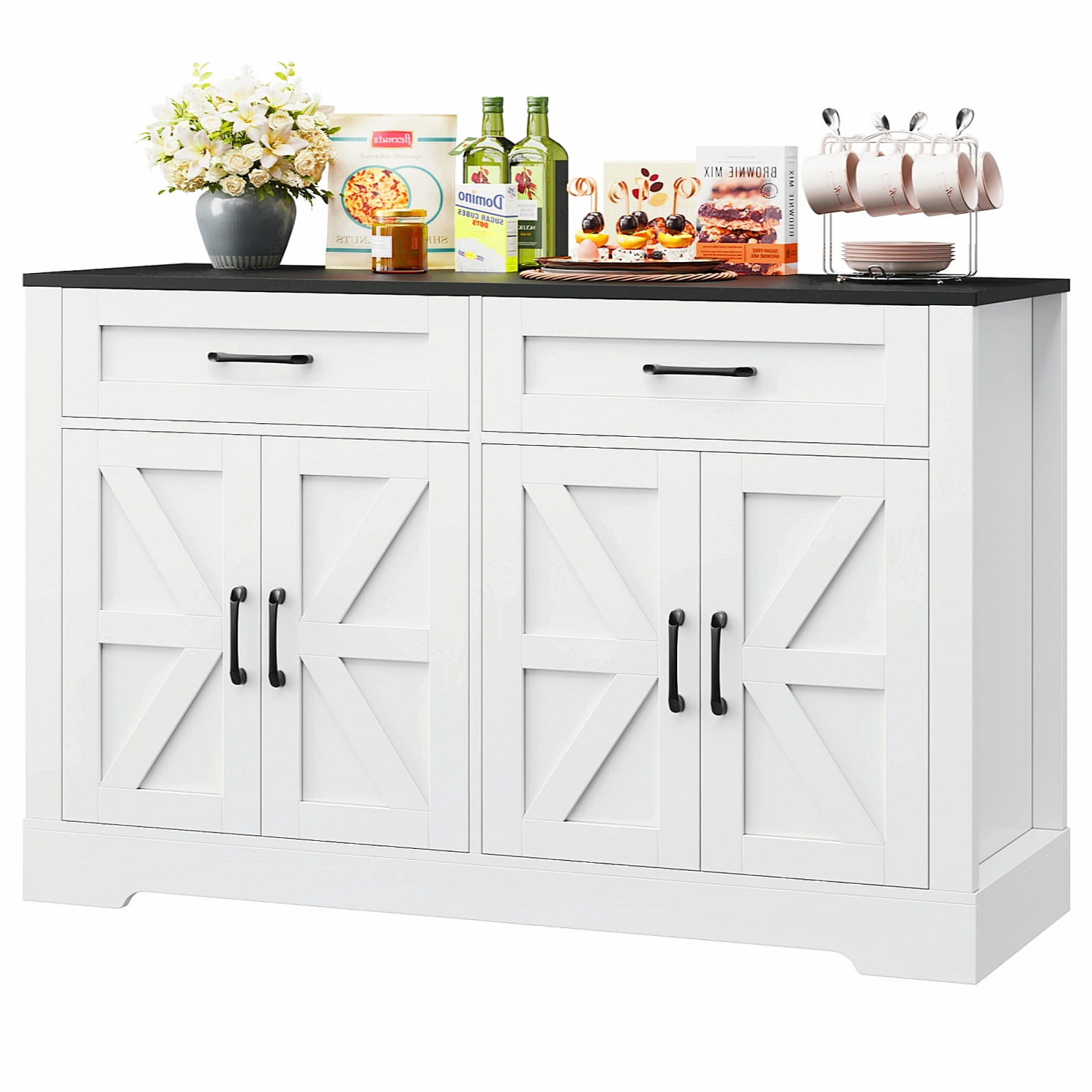 Homfa Buffet Cabinet with 2 Drawers and 4 Doors, Kitchen Sideboard Storage Cabinet, Farmhouse Coffee Bar Cabinet for Dining Room, White & Brown, Black & White