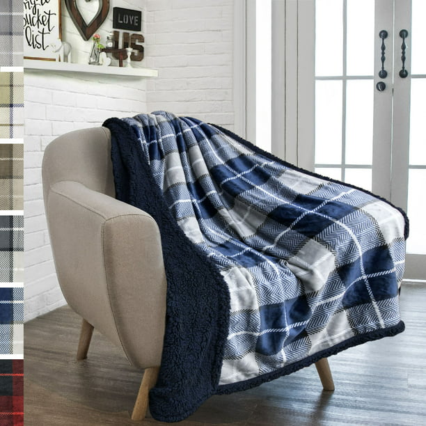 pavilia premium sherpa throw blanket for couch sofa | soft micro plush  reversible throw | lightweight all season plaid design fleece blanket (50 x 60  inches navy blue) - Walmart.com