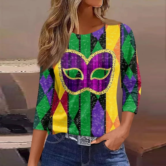 Resicozy Mardi Gras 3/4 Length Sleeve Shirts for Women Casual Fashion Crewneck Shirt Mardi Gras Tops Funny Graphic Print 2026 Army Green L