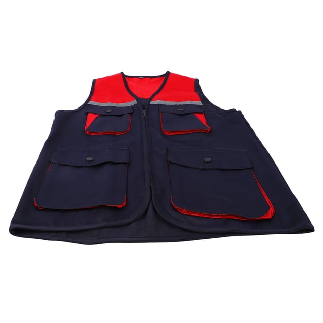 Chaleco de trabajo reflectante con 4 bolsillos, cierre frontal con cremallera y diseño de bloques de color, chaleco de seguridad de alta visibilidad con tiras reflectantes, azul violáceo y rojo XXL