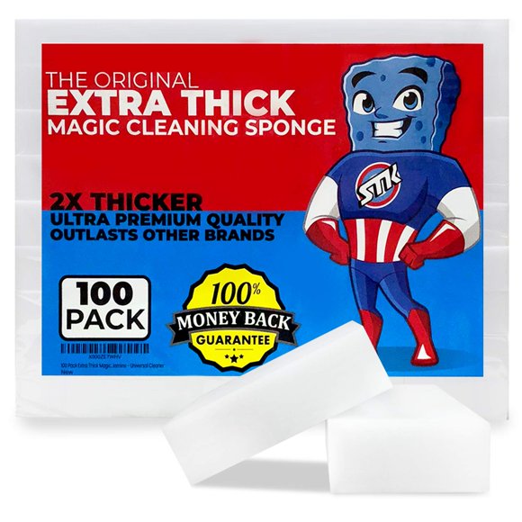 100 Pack Extra Thick Magic Cleaning Sponges - Eraser Sponge for All Surfaces - Double Thickness - Kitchen-Bathroom-Furniture-Leather-Car-Steel - Just Add