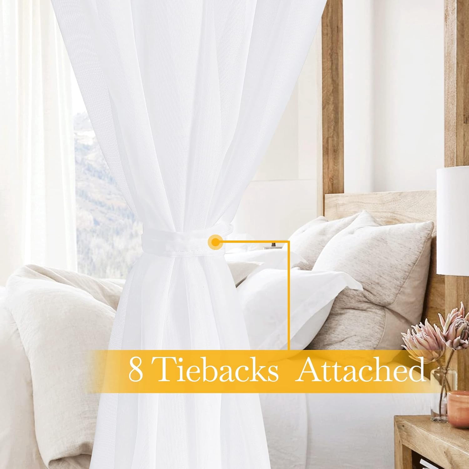 Canopy Bed Curtains with Tie Tops and Tie Backs, White Sheer for Twin Full Queen King Bed, 8 Panels, White, 45 inch Wide by 96 inch Long