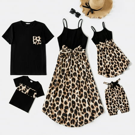 

PatPat Family Matching Pretty Short-sleeve T-shirts and Rib Knit Spliced Leopard Belted Cami Dresses Sets