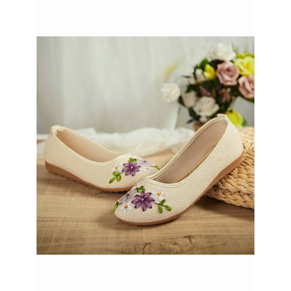 FANNYC Women Ethnic Style Dance Shoes Flower Embroidery Ballerina Casual Temperament Espadrilles Embroidered Cloth Shoes,Khaki /White /Dark Blue