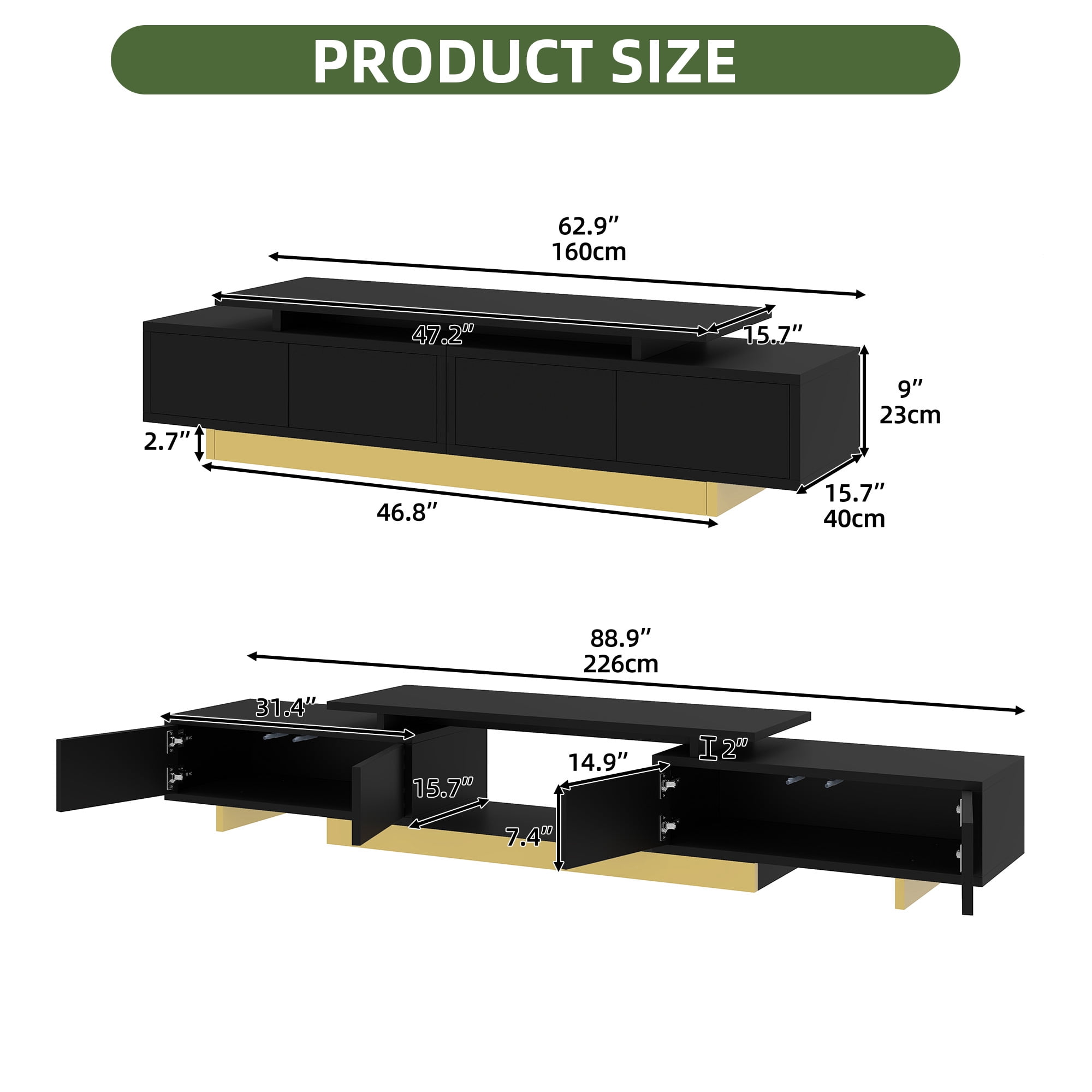 Uforic Modern TV Stand for Living Room w/ Ample Storage, Extendable Entertainment Center 63" to 89", Black