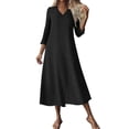 thumbnail image 4 of Wyobmus Summer Casual Dresses for Women 3/4 Sleeve Linen Midi Dress Flowy Solid Color Round Neck T-Shirt Dress Black, 4 of 9