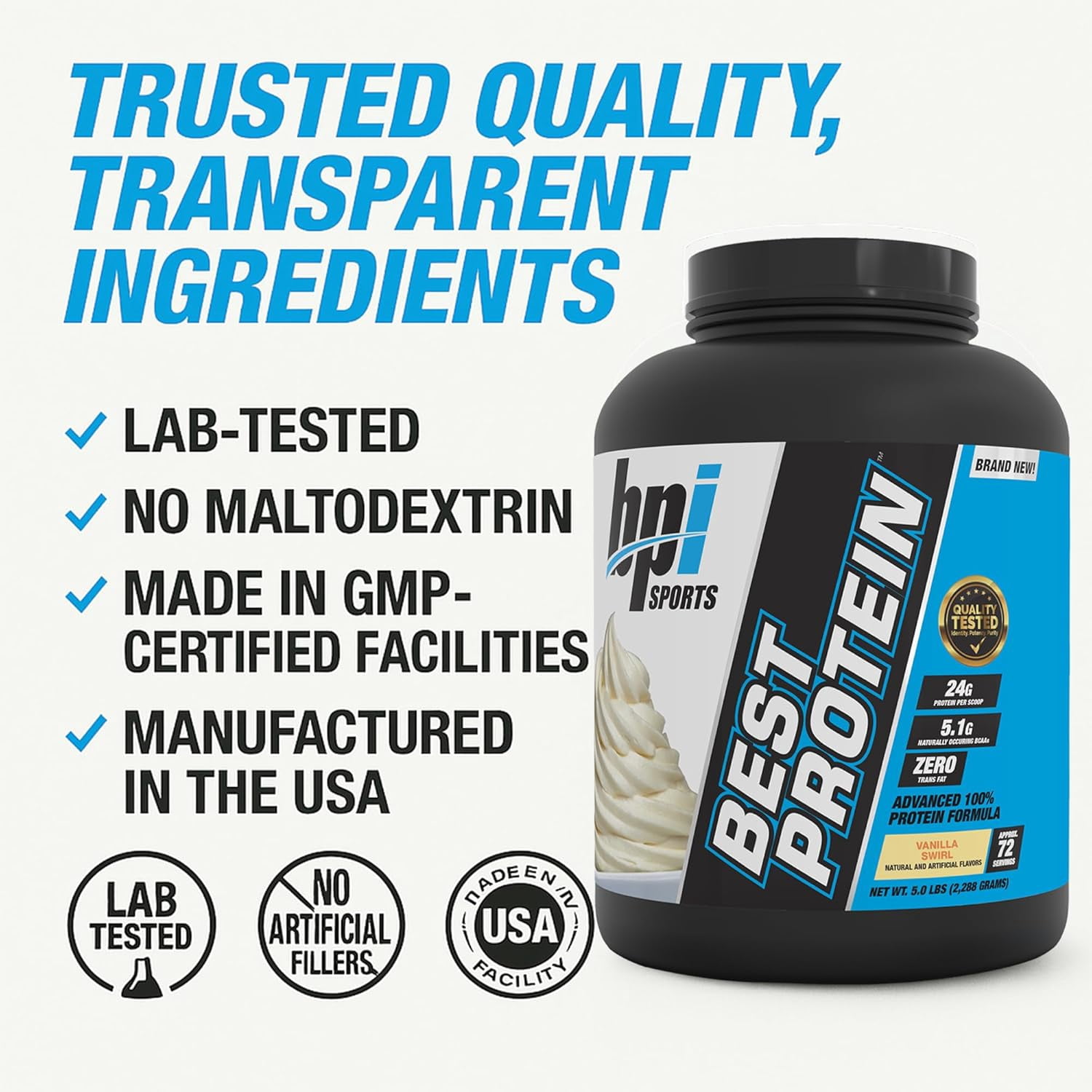 BPI Sports Best Protein Powder, 100% Whey Blend for Muscle Growth & Recovery, Vanilla Swirl, 5 lbs (72 Servings)