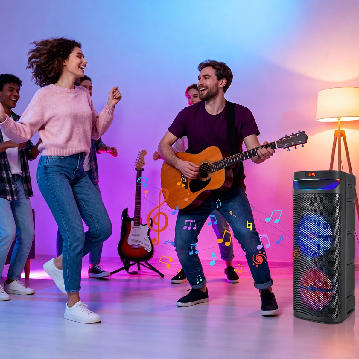 RIDWIND 5000W Peak Power Dual 10" Woofers Portable Party Speaker, Indoor & Outdoor Loud Heavy Bass Sound System with Microphone, RGB Lights, Remote Control, Support TWS/USB/FM, Rechargeable Battery