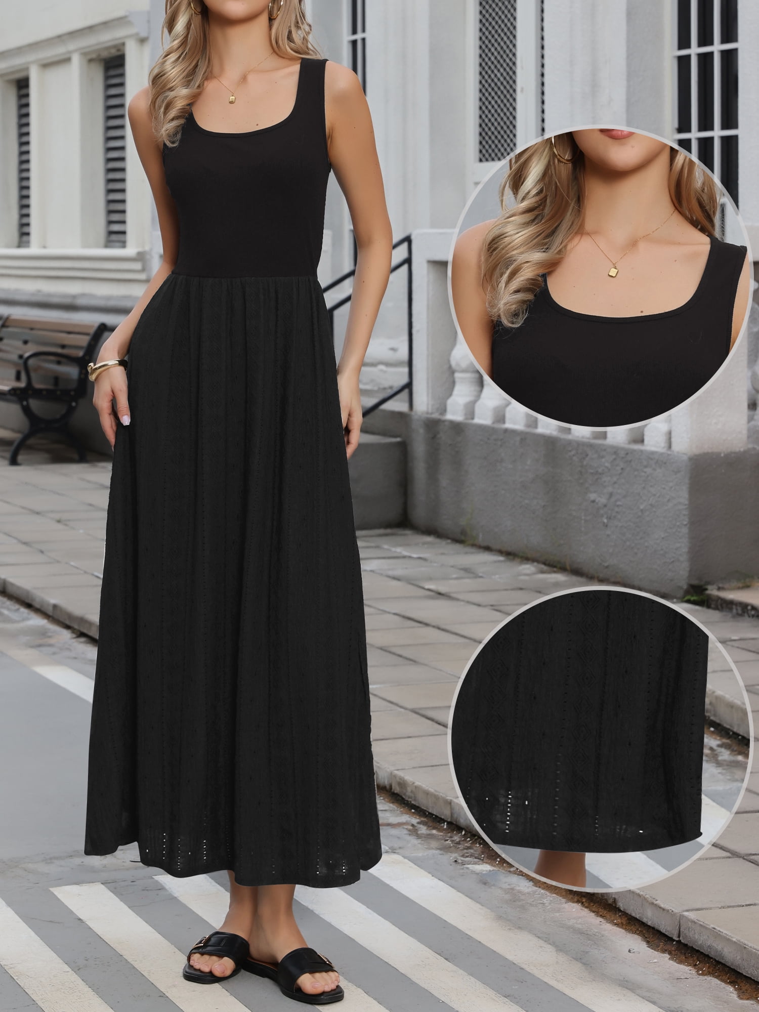 DARING DIVA Women's Square Neck Sleeveless Casual Beach Flare Maxi Dress S Black