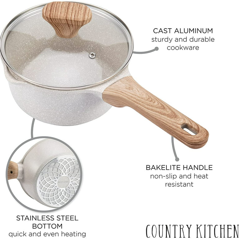 MINYIKJ Nonstick Cookware Sets - 6 Piece High Quality Nonstick Cast  Aluminum Pots and Pans with BAKELITE Handles - Non-Toxic Pots with Glass  Lids - Speckled Grey with Light Wood Handles 