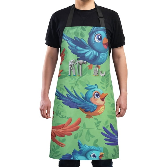 Colorful Cute Birds on Green Chef Kitchen Apron with Pockets for Women Waterproof Aprons for Cooking Baking