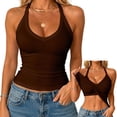 thumbnail image 2 of Sillenn Halter V Neck Tank Tops with Built-In Shelf Bra for Women Sleeveless Slim Fitted Basic Cami Shirts Cute Halter Tops Going Out Sleeveless Camisole Top Dressy Casual Bralette Tops Coffee Xxl, 2 of 7