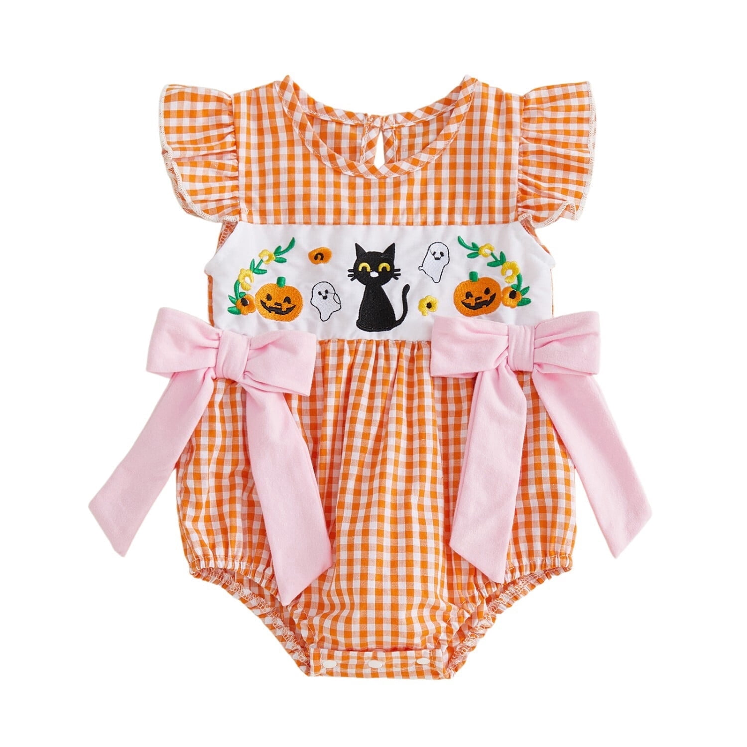 Piparoo Baby Girls' First Halloween Gingham Pumpkin Cat Ghost Ruffle Romper Bodysuit, Fall Outfit 0-18 Months