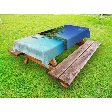 

Ocean Outdoor Tablecloth Sunny Horizon Skyline Transparent Water Isolated Beach at Prislin Island Decorative Washable Fabric Picnic Tablecloth 58 X 120 Inches Turquoise Green Blue by Ambesonne