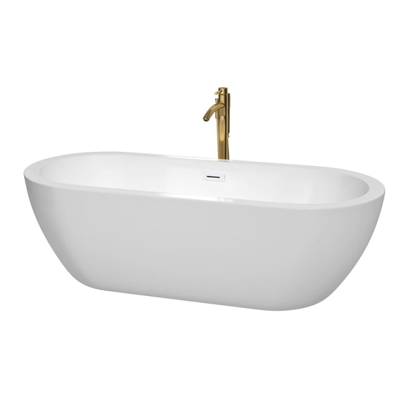 Soho 72 Inch Freestanding Bathtub in White with Shiny White Trim and Floor Mounted Faucet in Brushed Gold