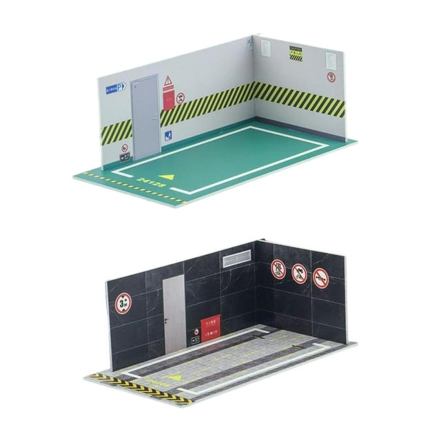 TISHITA 2pcs 1/24 Car Model Parking Lot Background Scene DIY Easy Assemble Display Case GreenFloorBlackWall