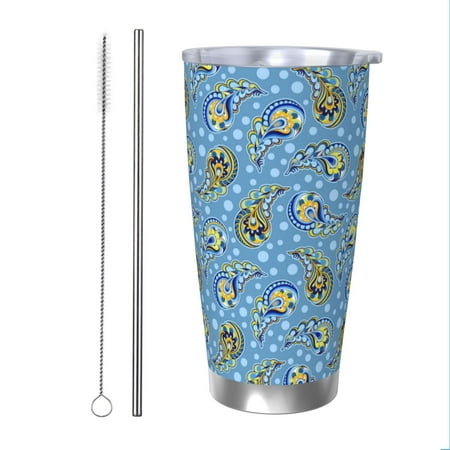 

Vsdgher Blue paisley pattern 20 Oz Stainless Steel Vacuum Insulated Travel Mug Coffee Cup for Home Office Outdoor Works Great for Ice Drinks and Hot Beverage -Straw Two-piece Set
