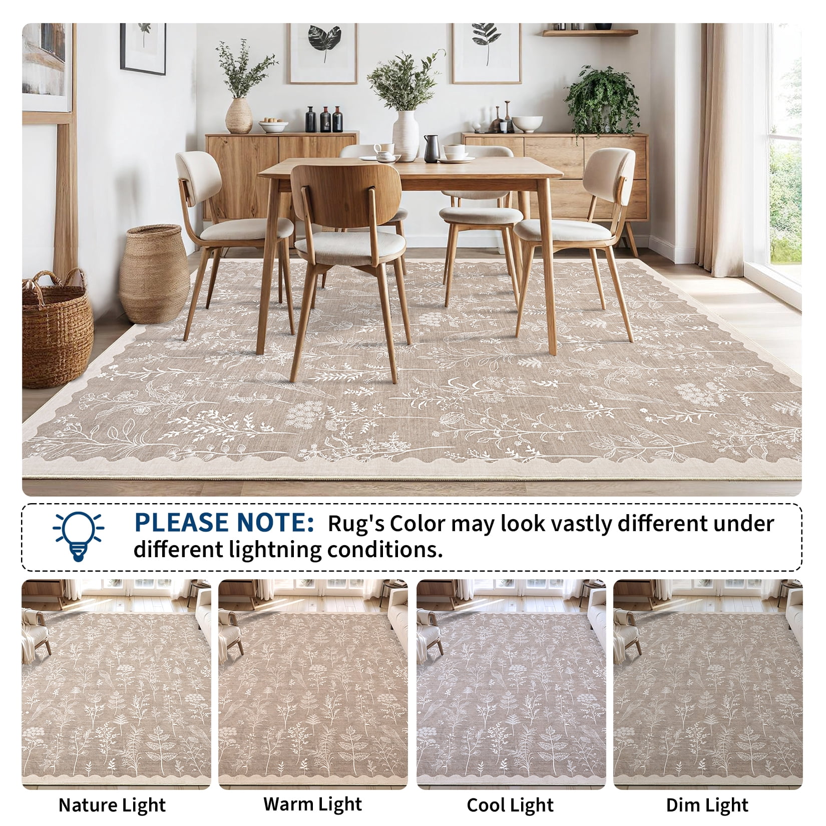 Hasoo 9' x 12' Large Area Rug for Dining Room Durable Washable Floral Indoor Scallop Border Carpet Stain Resistant Rugs for Bedroom, Camel