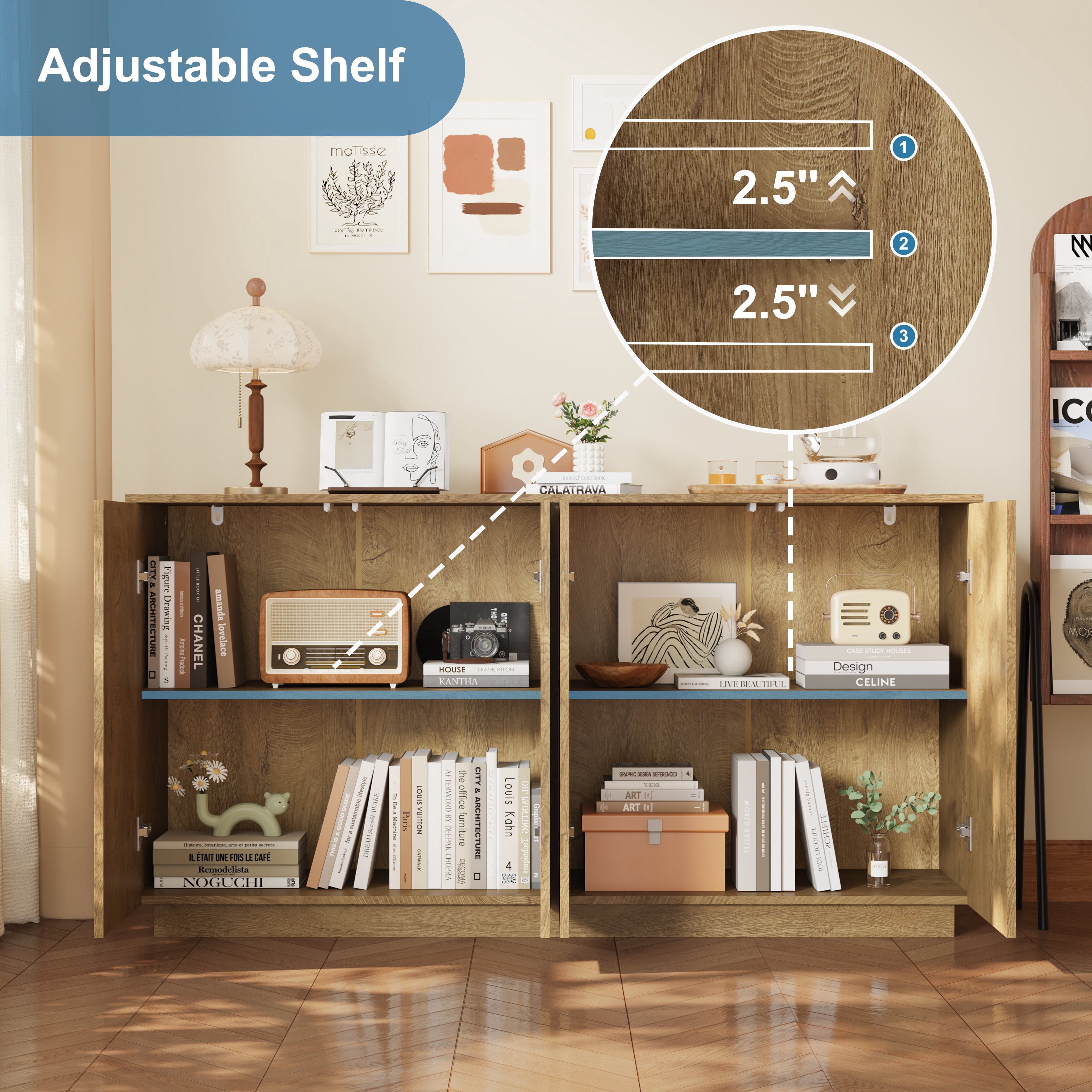 Mintazer 59.1"W Sideboard Buffet Cabinet with Adjustable Shelves, 4 Door Storage Credenza Cabinet for Dining Room Kitchen Living Room, Entryway, Natural