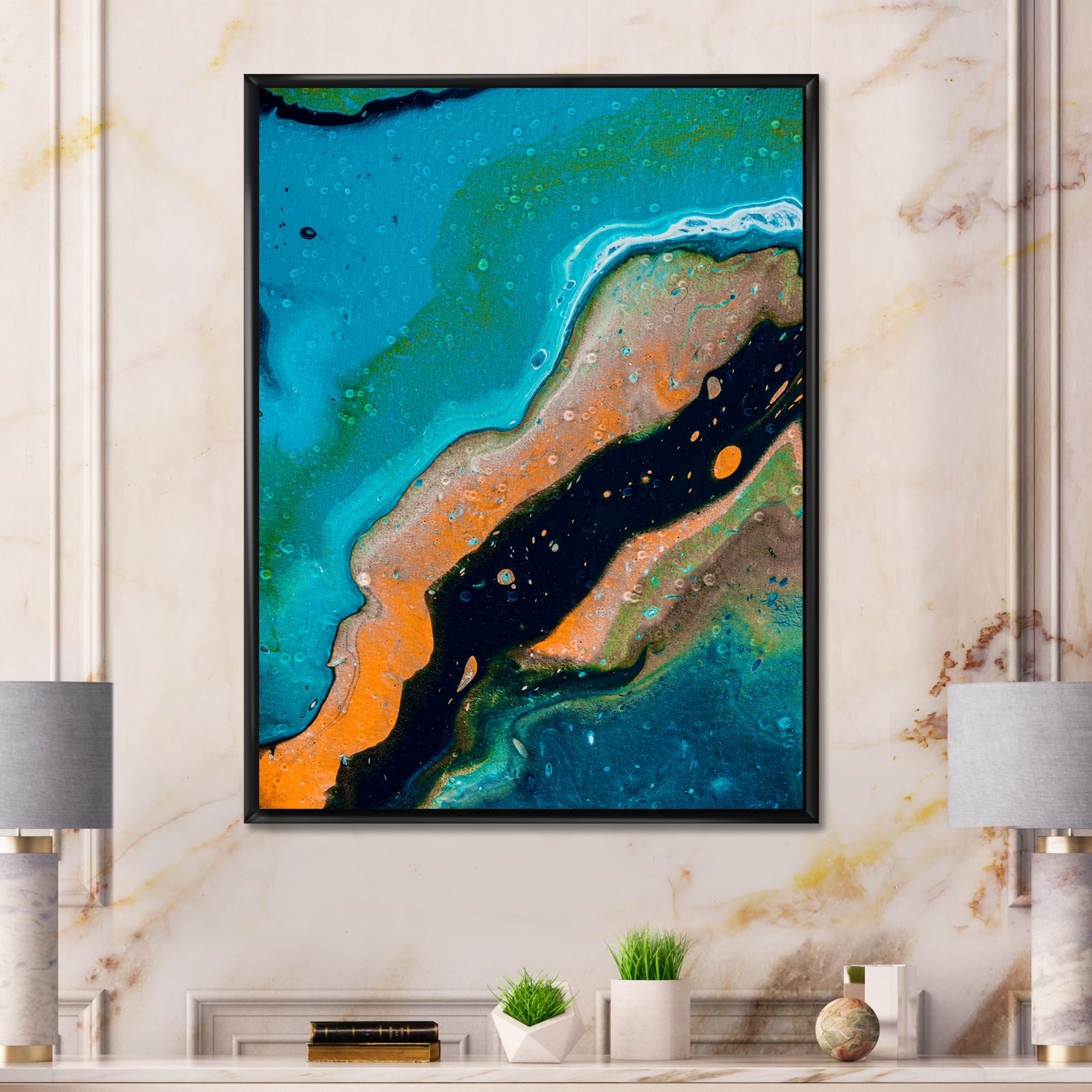 Abstract Marble Composition In Orange and Blue II 12 in x 20 in Framed Painting Canvas Art Print, by Designart