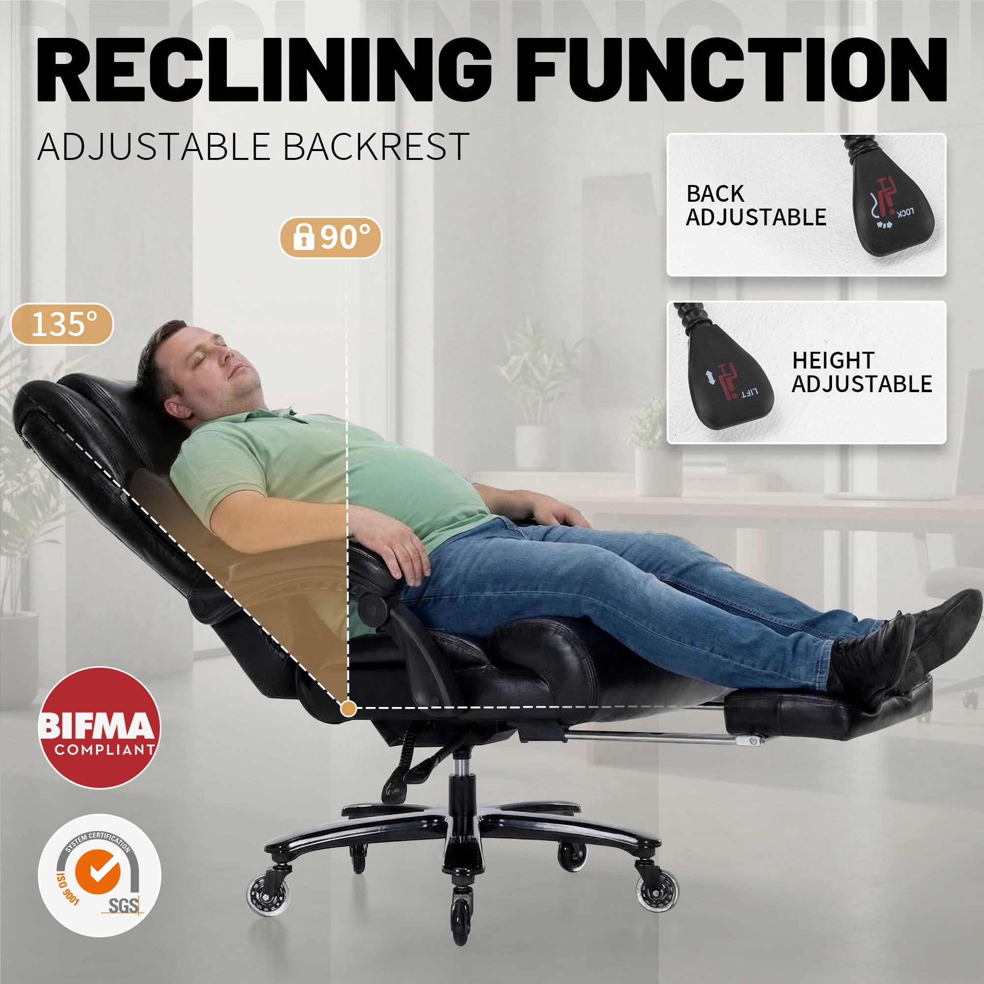 800 lbs Big and Tall Office Chair with Foot Rest, Heavy Duty Executive Reclining Chair, Extra Wide Seat and Mobile Lumbar, High Back Large Computer Desk Chair for Home Office