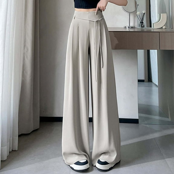 TrendOFT Womens Wide Leg Pants High Waist Straight Work Pants Office Business Casual Palazzo Trousers with Pockets Beige L