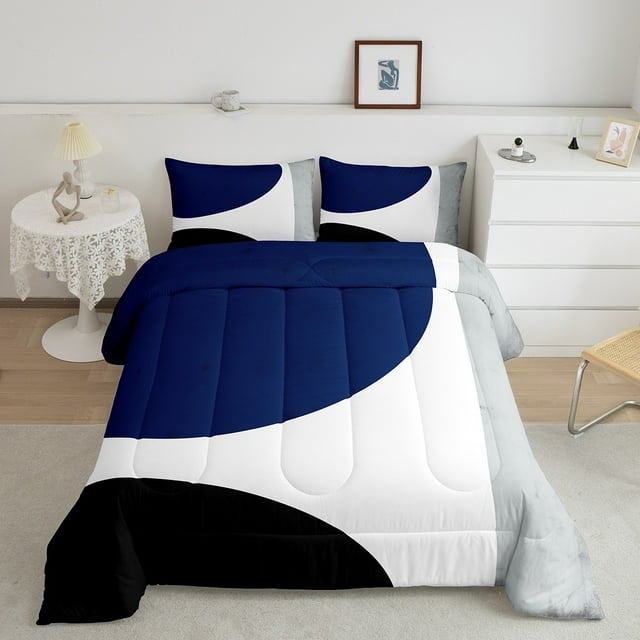 Erosebridal Modern Abstract Bedding Full Comforter Set, Black White Gray Navy Blue Down Comforter Breathable 3pcs