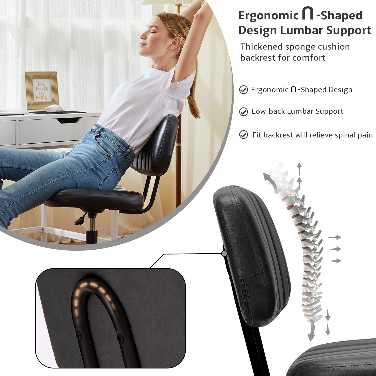 edx Adjustable Height Armless Office Desk Chair with Wheels, PU Leather Mid Back 360°Swivel Small Computer Chair, Modern Task Chair for Home Office Reading Meeting Room, Black