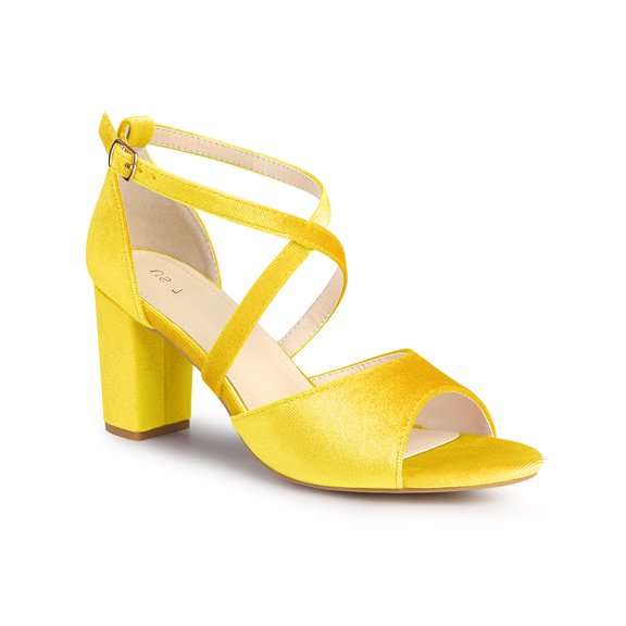 BLISSFUL STEP Women's Shoes Faux Velvet Chunky Heel Open Toe Crisscross Strap Buckle Sandals Yellow 8.5