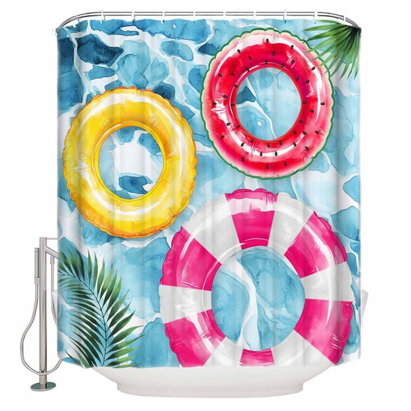 Summer Blue Pool Bathroom Shower Curtains with 12 Hooks Polyester Waterproof Shower Curtain for Stalls and Bathtubs Ocean Beach Swimming Ring Vintage Decorative Bathroom Privacy Curtain 72x72 Inches