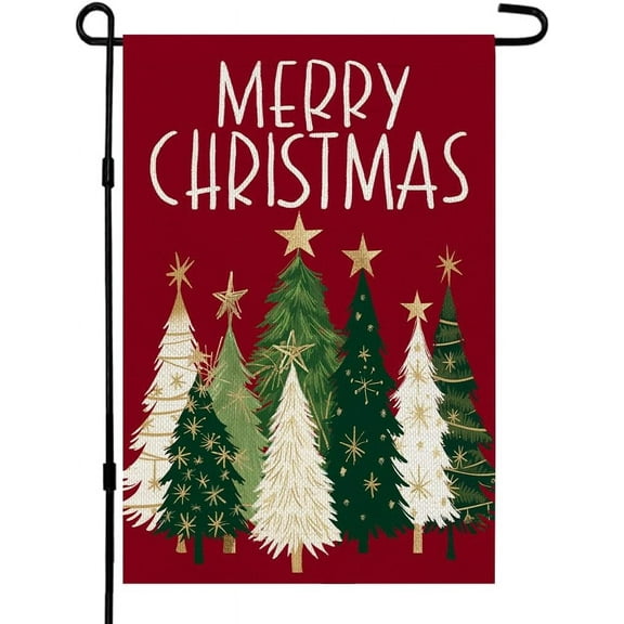 Shmbada Merry Christmas Trees Garden Flag 12x18 Inch Double Sided Small Burlap Holiday Red Flag for Outside Yard