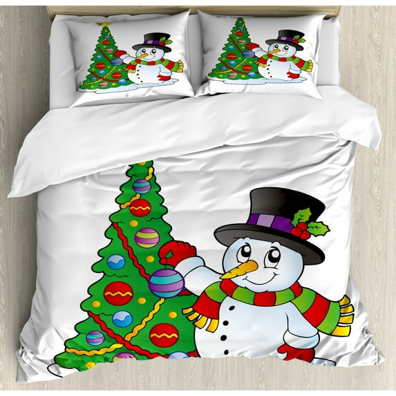 Snowman Duvet Cover Set King Size, Lovely Character Near a Christmas Tree Festive Celebration Holiday Winter Time, Decorative 3 Piece Bedding Set with 2 Pillow Shams, Multicolor, by Ambesonne