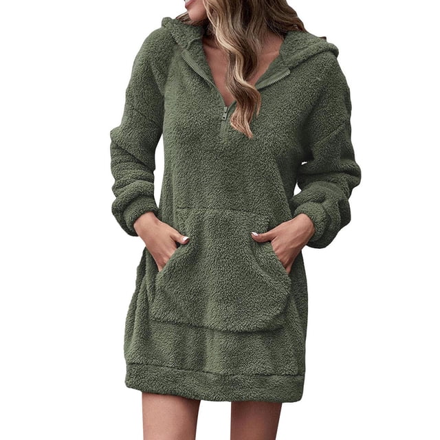 Liquidation d'Hiver!Robe d'Été Fluide, Robe à Capuche Décontractée pour Femme à Manches Longues avec Poche, Chandail à Capuchon, Robe Chandail, Robe Unie Vert Armée m