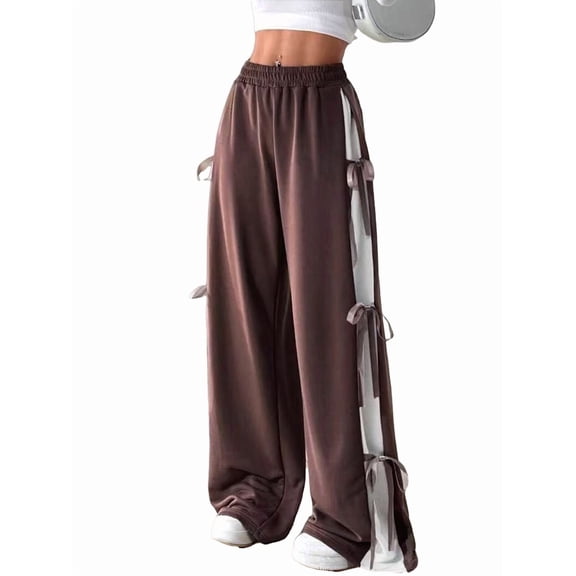 Women'S Baggy Sweatpants Elastic Waist Casual Bo-W Wide Leg Pants with Pocket Y2K Going Out Travel Pants Brown S
